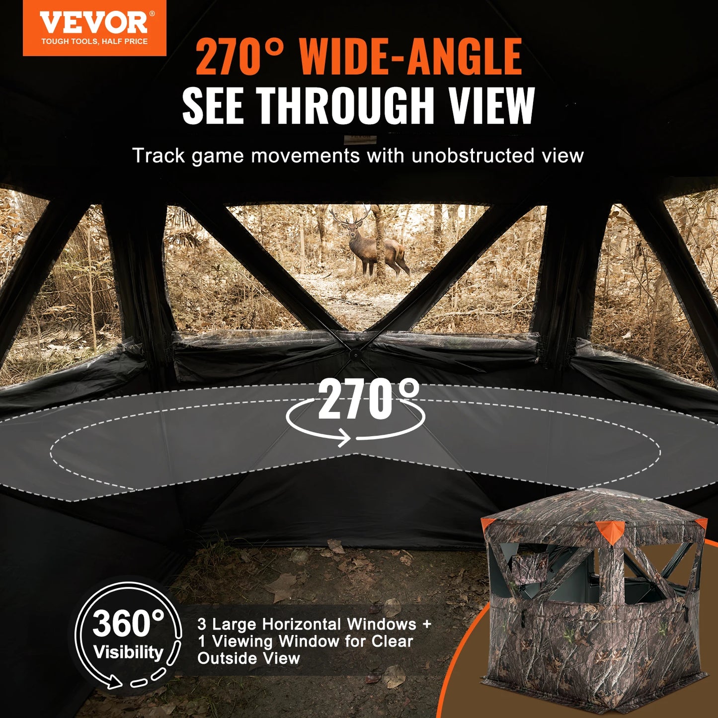 270° See-Through Hunting Blind – 2–3 Person Pop-Up Deer Ground Blind with Carry Bag